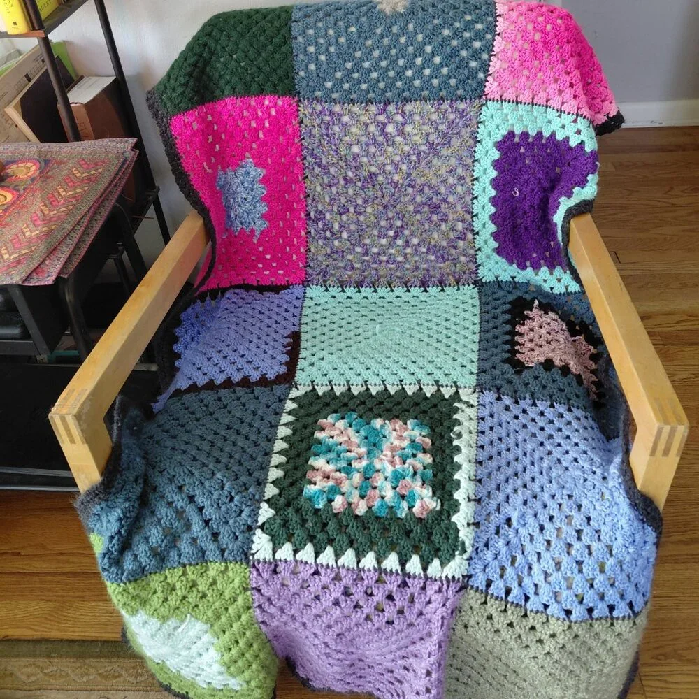 Vintage 70s Crochet Granny Square Panels Handmade Afghan Blanket Retro Boho